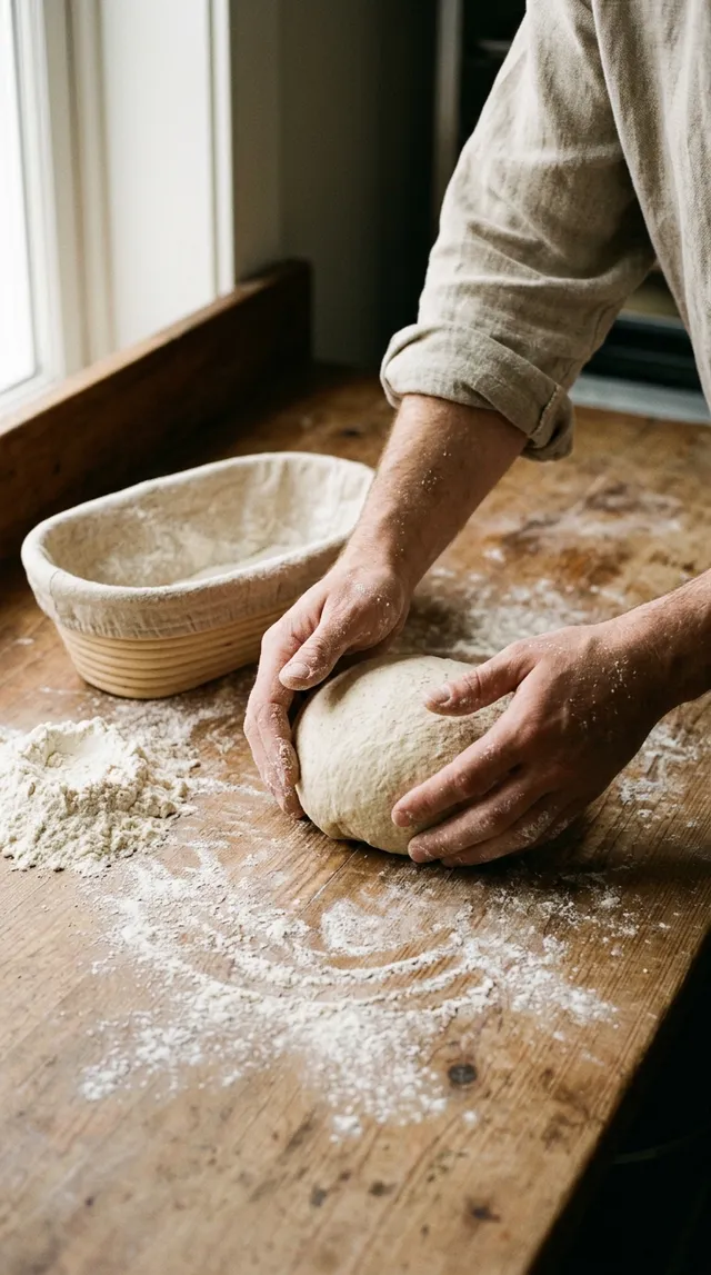 Deux mains farinées façonnent une boule de pâte à pain sur un plan de travail en bois, près d’un banneton garni de lin.