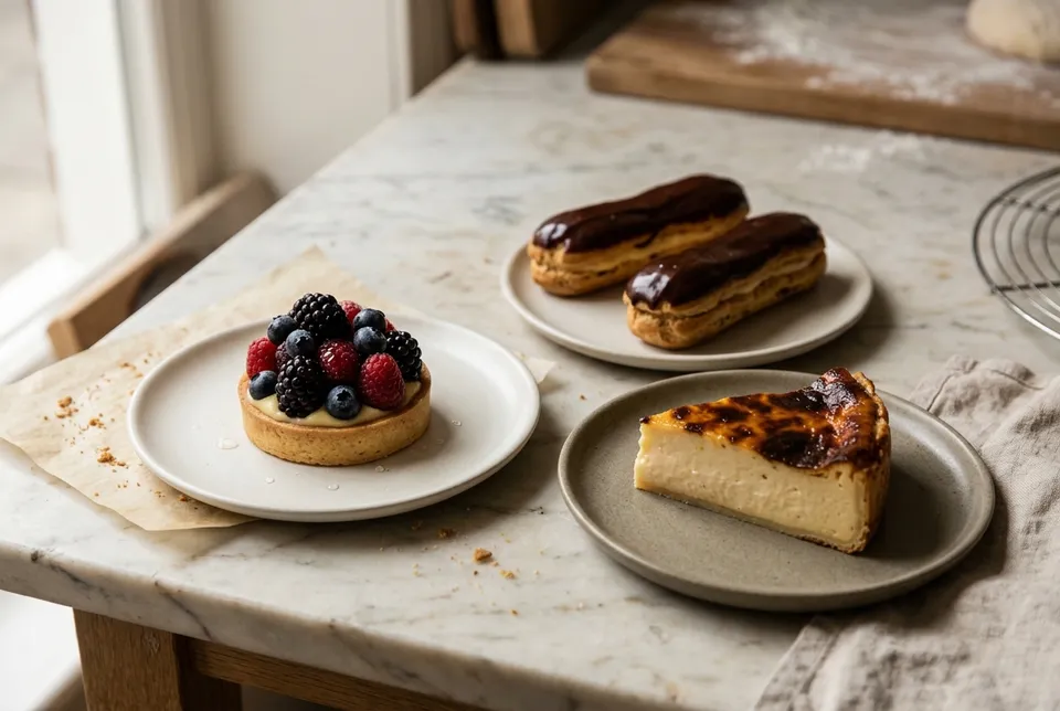 Une tartelette aux fruits rouges, deux éclairs au chocolat et une part de flan pâtissier sur un plan de marbre.