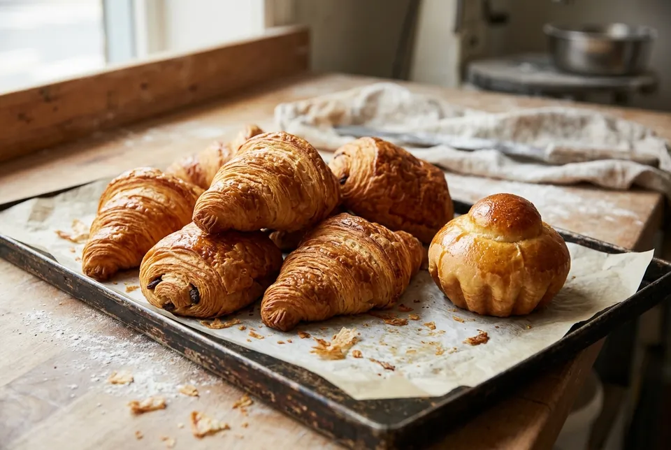 Des croissants, des pains au chocolat et une brioche dorée sur une plaque de cuisson garnie de papier.