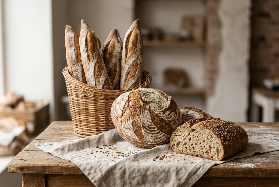 Des baguettes de tradition dressées dans un panier en osier, une miche de campagne et un pain aux graines tranché, sur une toile de lin.