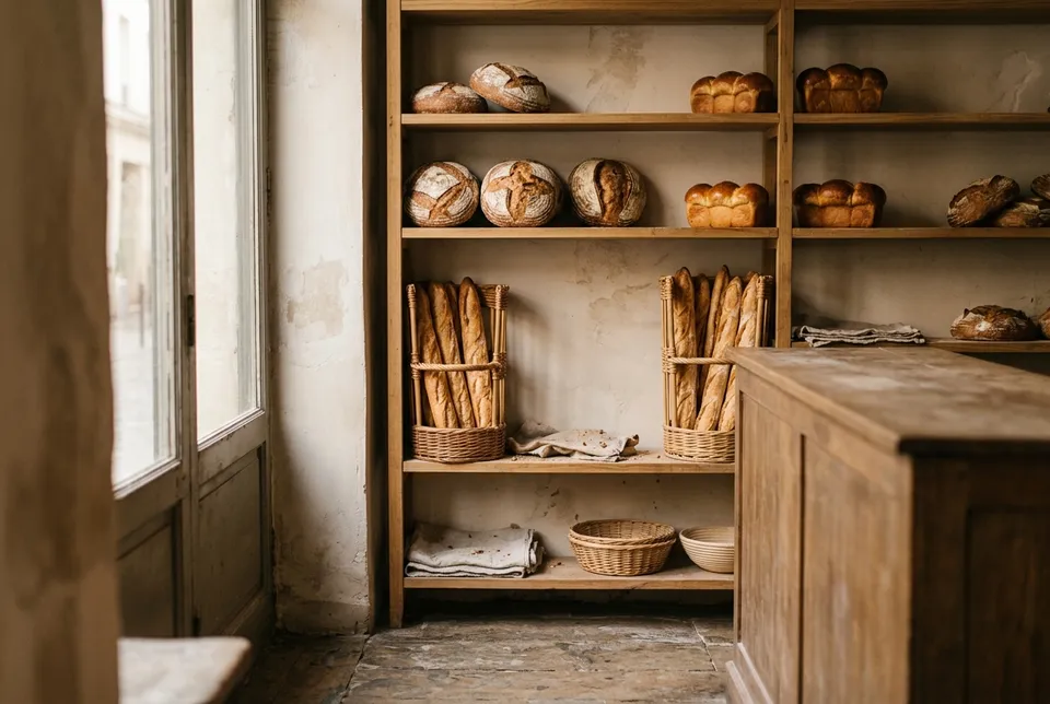 Des miches, des baguettes en panier et des brioches rangées sur des étagères en bois, derrière un comptoir, près d’une porte vitrée.