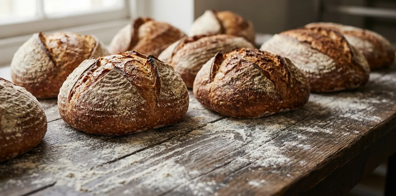 Des pains de campagne à la croûte dorée et farinée, alignés sur une table de fournil en bois, dans la lumière du matin.